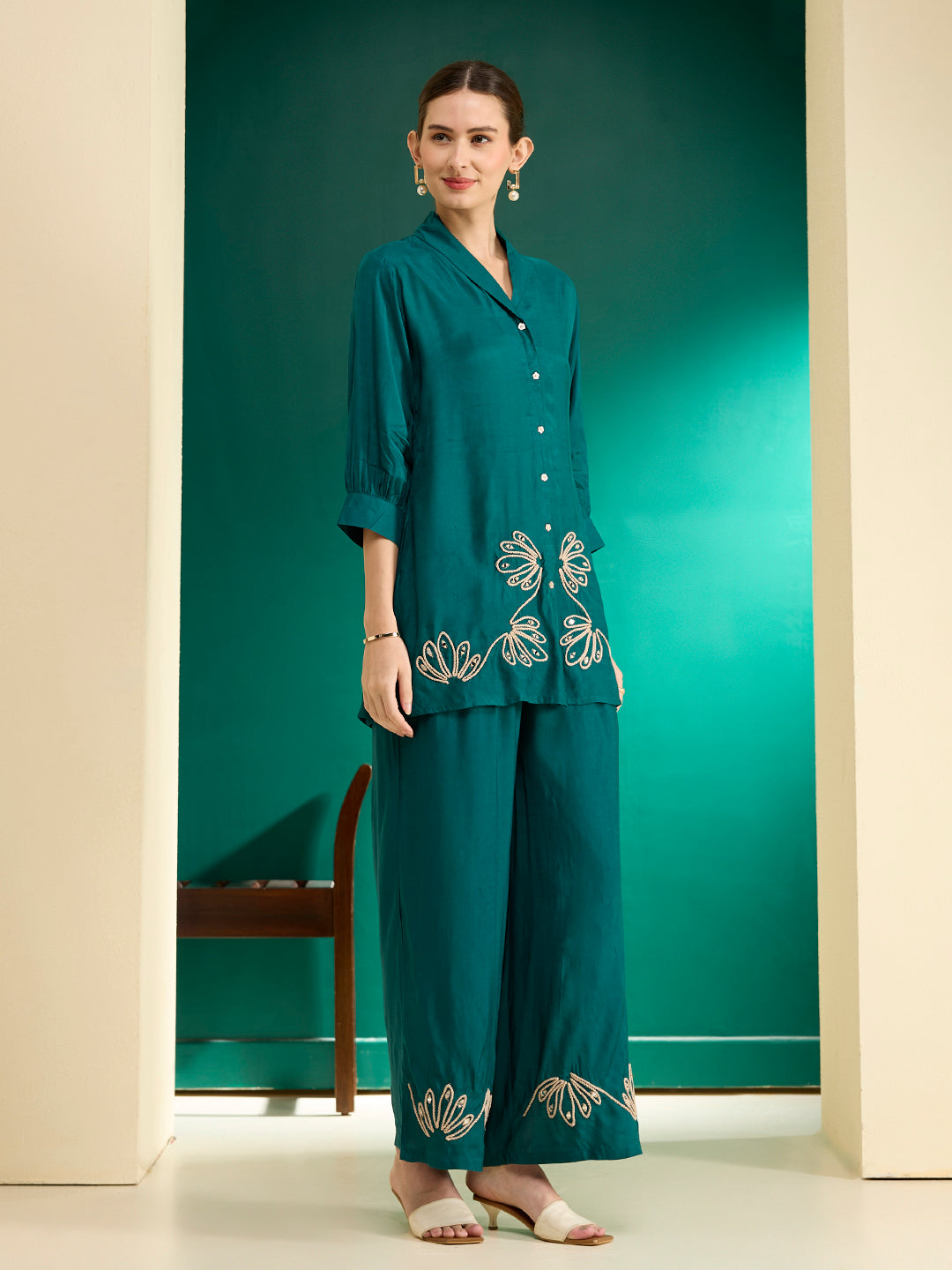 Solid Cord work Embroidered Straight Fit Co-ord Set - Teal
