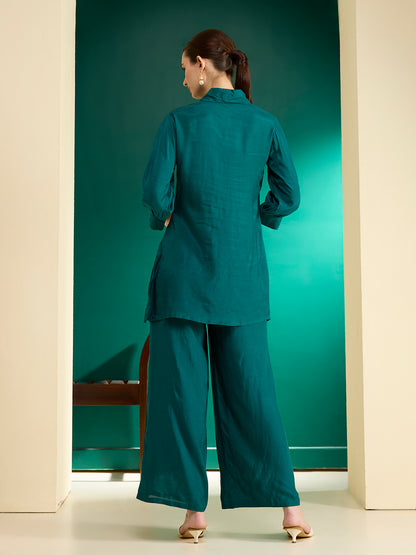 Solid Cord work Embroidered Straight Fit Co-ord Set - Teal