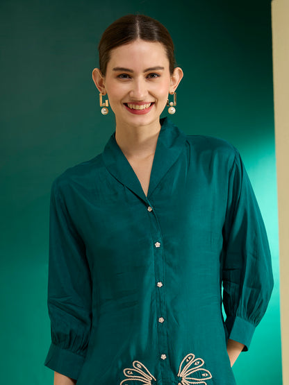 Solid Cord work Embroidered Straight Fit Co-ord Set - Teal