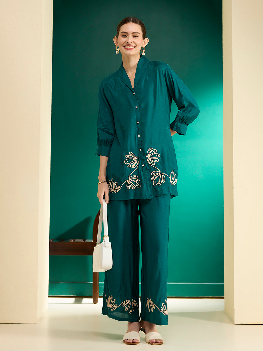 Solid Cord work Embroidered Straight Fit Co-ord Set - Teal