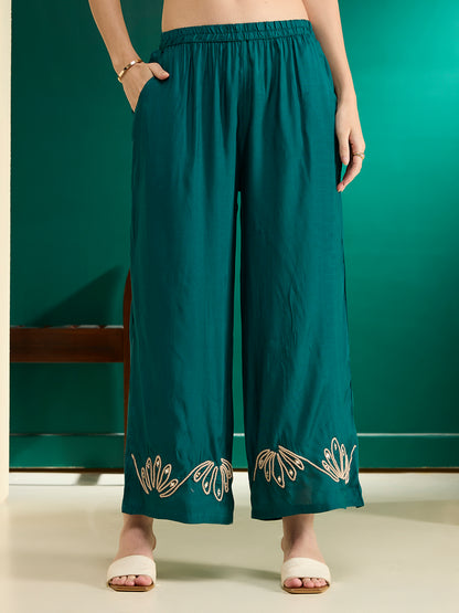 Solid Cord work Embroidered Straight Fit Co-ord Set - Teal