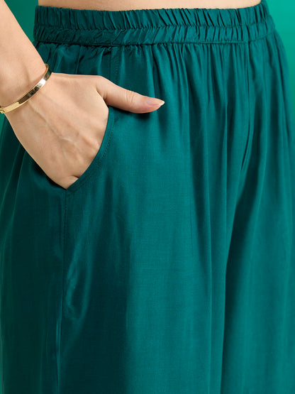 Solid Cord work Embroidered Straight Fit Co-ord Set - Teal