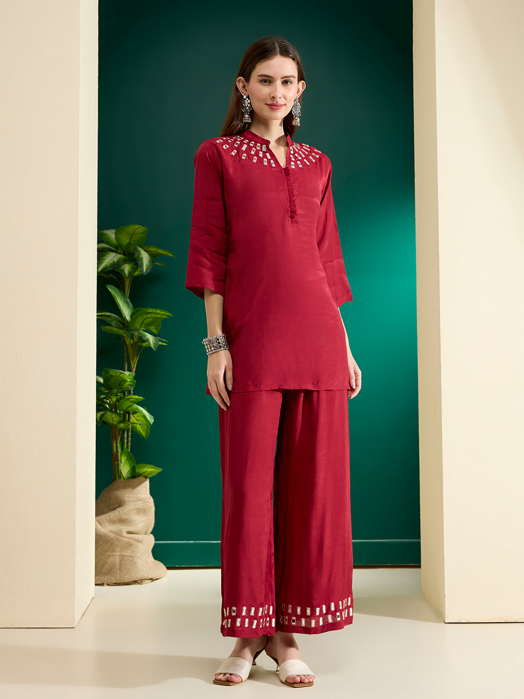 Solid Mirror Work Embroidered Straight Fit Co-ord Set - Maroon
