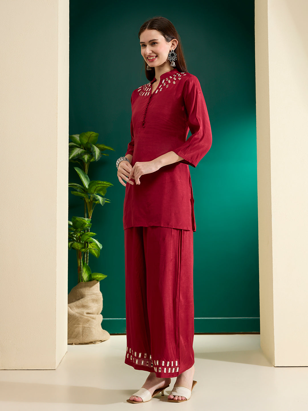 Solid Mirror Work Embroidered Straight Fit Co-ord Set - Maroon