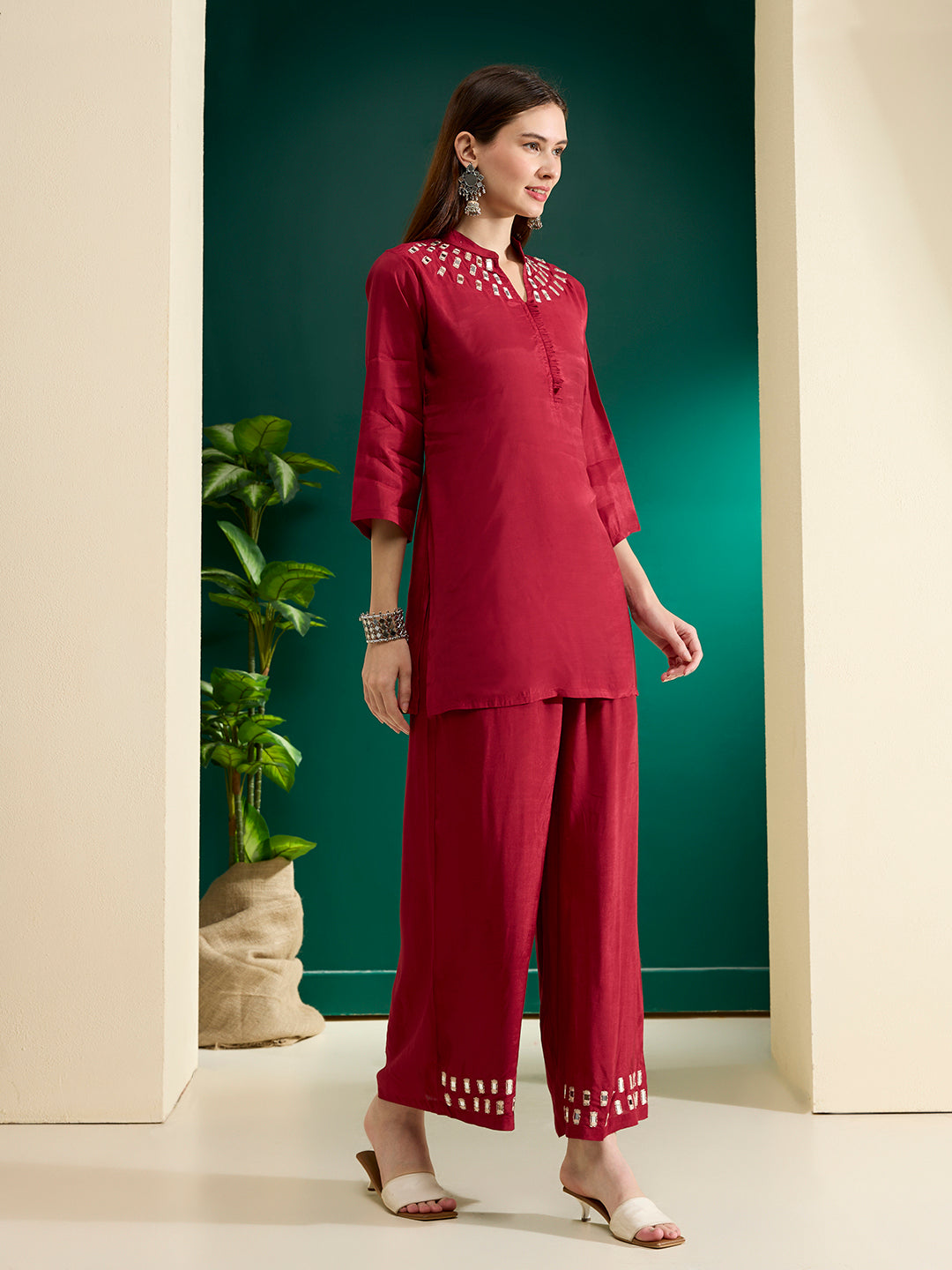 Solid Mirror Work Embroidered Straight Fit Co-ord Set - Maroon