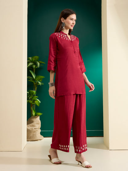 Solid Mirror Work Embroidered Straight Fit Co-ord Set - Maroon