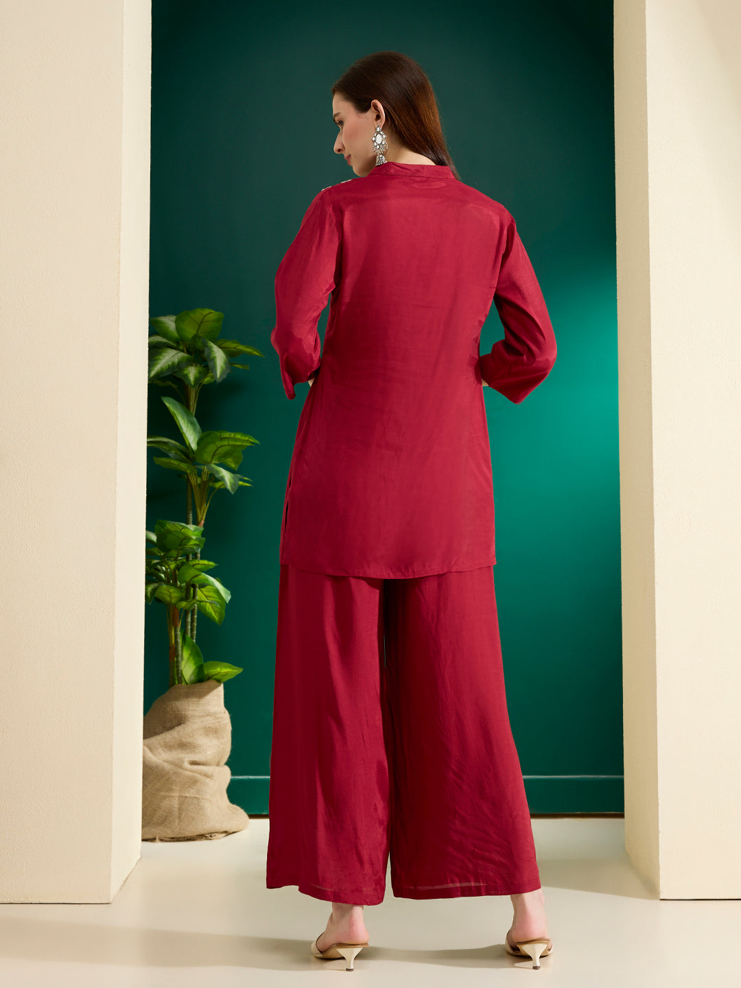 Solid Mirror Work Embroidered Straight Fit Co-ord Set - Maroon