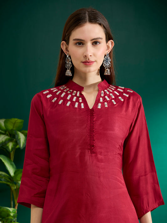 Solid Mirror Work Embroidered Straight Fit Co-ord Set - Maroon