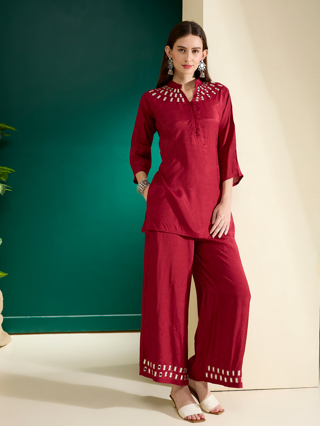 Solid Mirror Work Embroidered Straight Fit Co-ord Set - Maroon