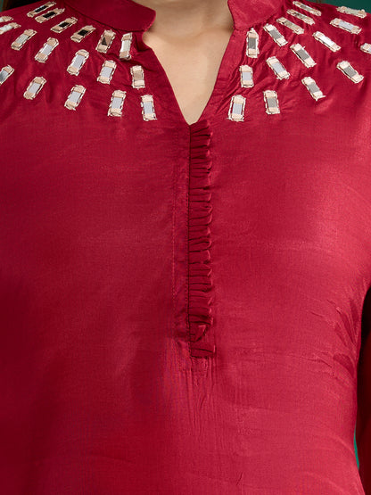 Solid Mirror Work Embroidered Straight Fit Co-ord Set - Maroon