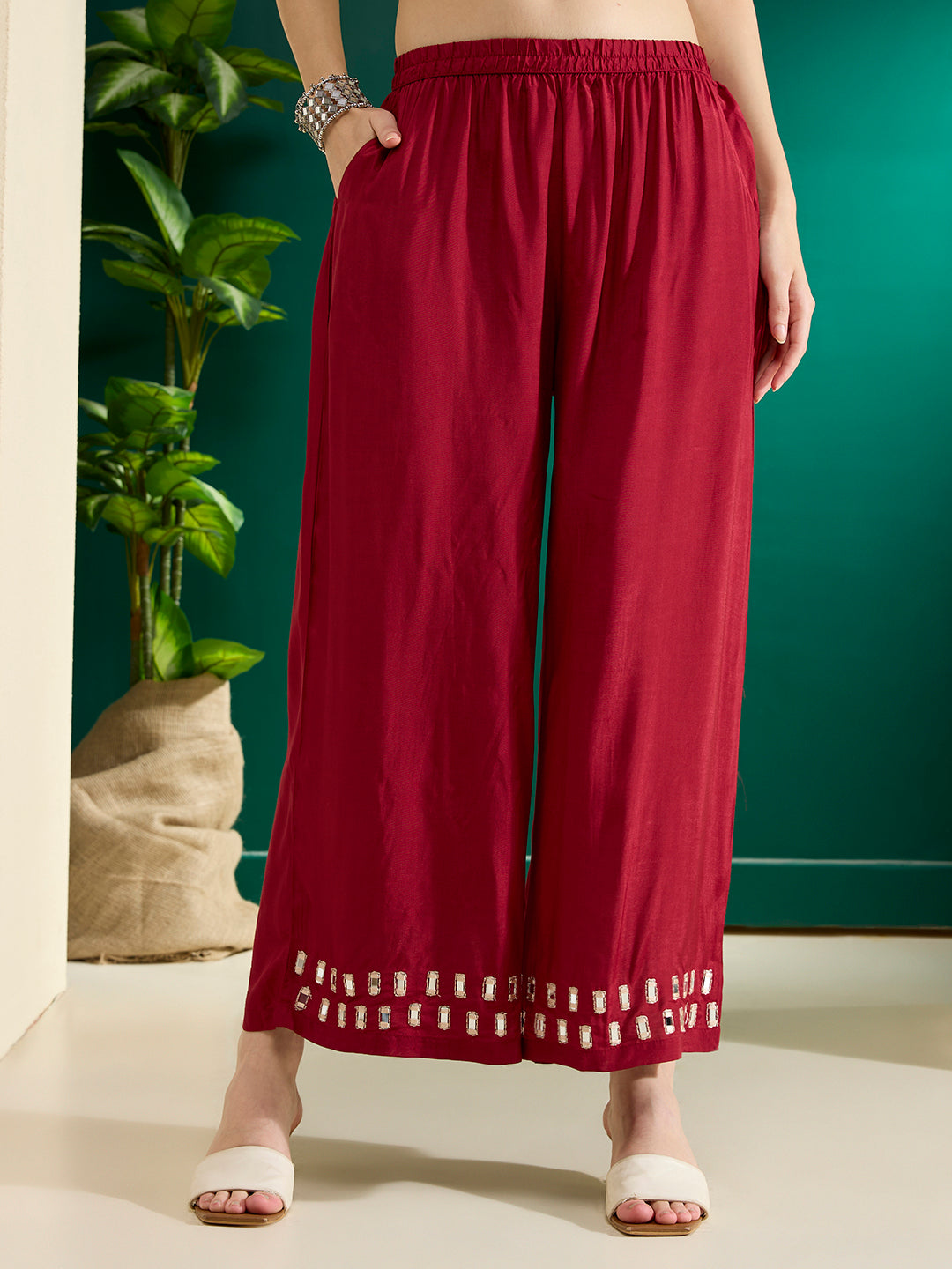 Solid Mirror Work Embroidered Straight Fit Co-ord Set - Maroon