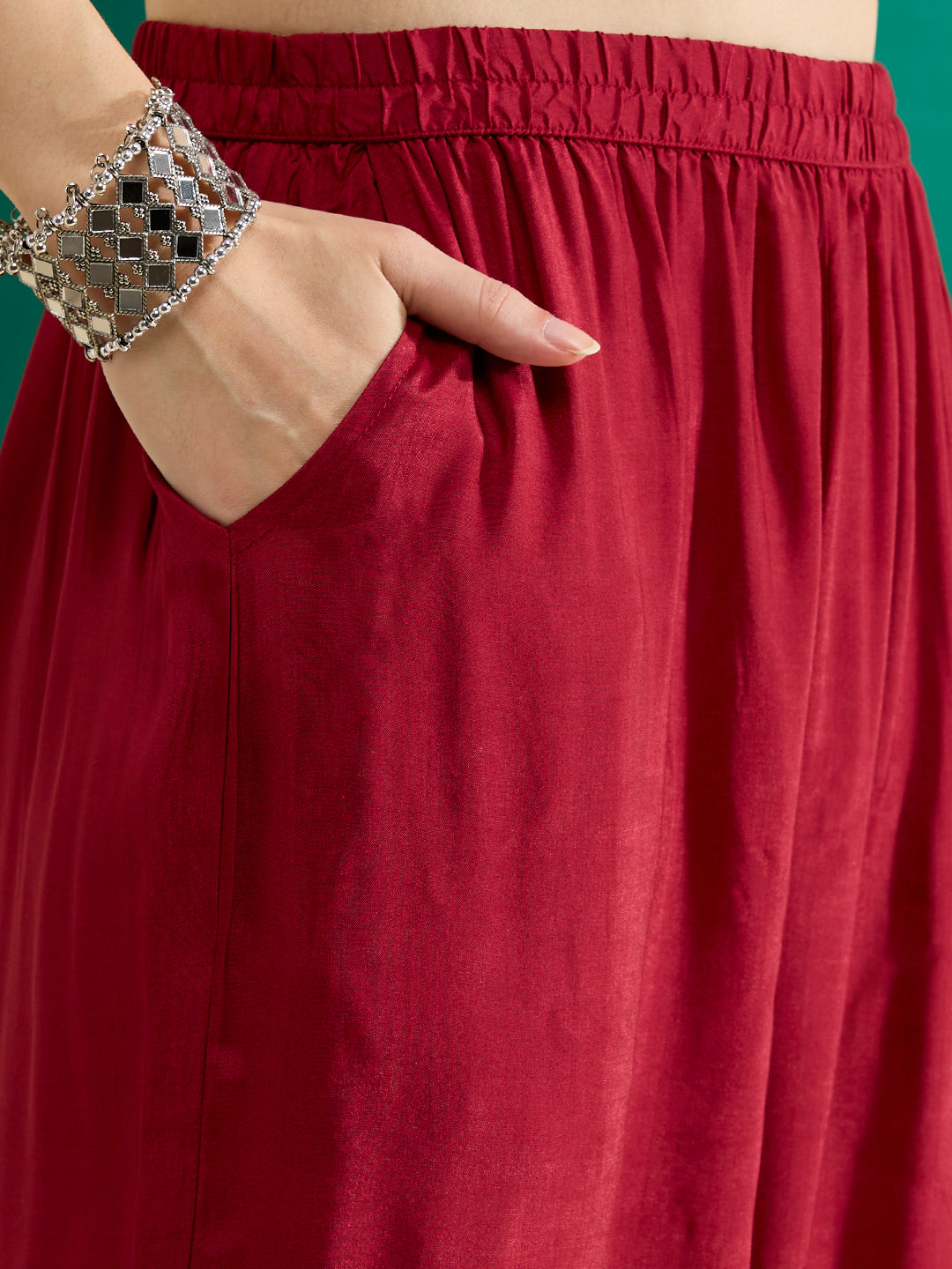 Solid Mirror Work Embroidered Straight Fit Co-ord Set - Maroon