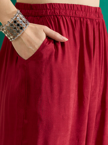 Solid Mirror Work Embroidered Straight Fit Co-ord Set - Maroon