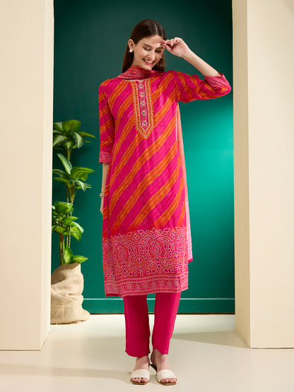 Bandhani Printed Straight Kurta with Pant & Dupatta - Rani