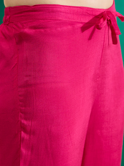 Bandhani Printed Straight Kurta with Pant & Dupatta - Rani