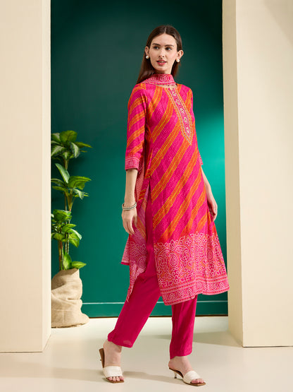 Bandhani Printed Straight Kurta with Pant & Dupatta - Rani