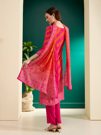 Bandhani Printed Straight Kurta with Pant & Dupatta - Rani
