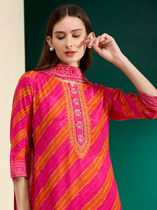 Bandhani Printed Straight Kurta with Pant & Dupatta - Rani