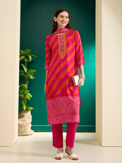 Bandhani Printed Straight Kurta with Pant & Dupatta - Rani