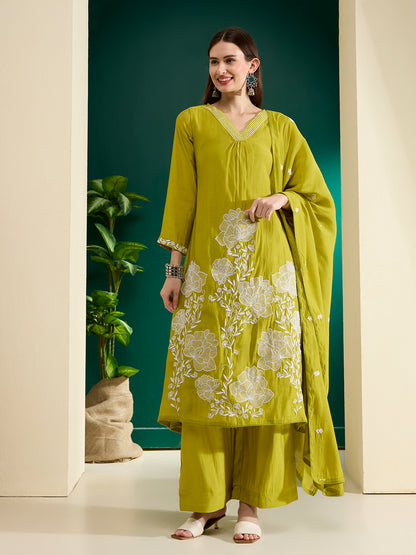 Solid Abstract Floral Embroidered A-Line Kurta with Palazzo & Dupatta - Lime Green