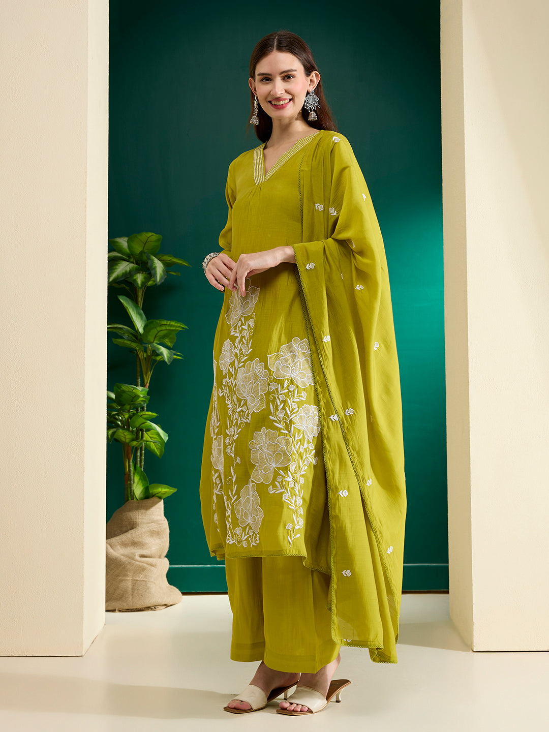 Solid Abstract Floral Embroidered A-Line Kurta with Palazzo & Dupatta - Lime Green
