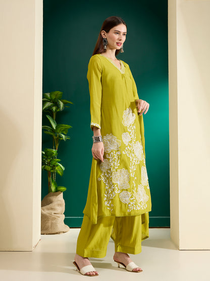 Solid Abstract Floral Embroidered A-Line Kurta with Palazzo & Dupatta - Lime Green