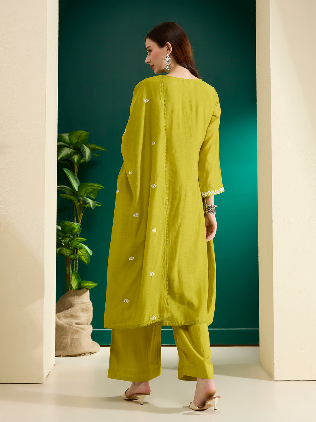 Solid Abstract Floral Embroidered A-Line Kurta with Palazzo & Dupatta - Lime Green
