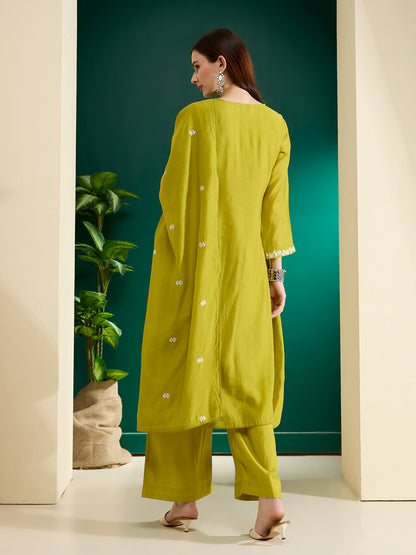Solid Abstract Floral Embroidered A-Line Kurta with Palazzo & Dupatta - Lime Green
