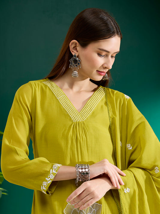 Solid Abstract Floral Embroidered A-Line Kurta with Palazzo & Dupatta - Lime Green