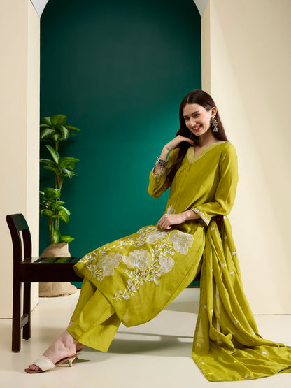 Solid Abstract Floral Embroidered A-Line Kurta with Palazzo & Dupatta - Lime Green