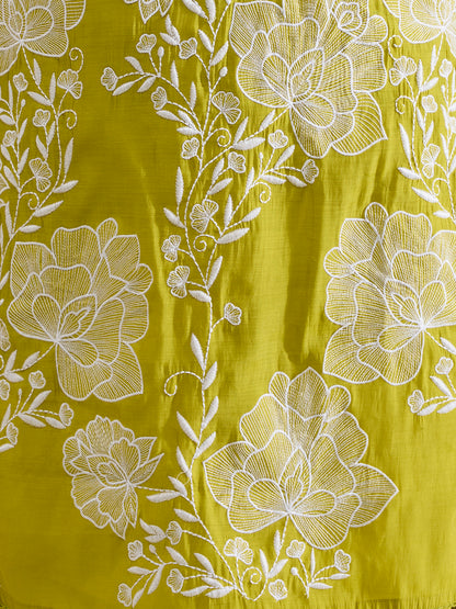Solid Abstract Floral Embroidered A-Line Kurta with Palazzo & Dupatta - Lime Green