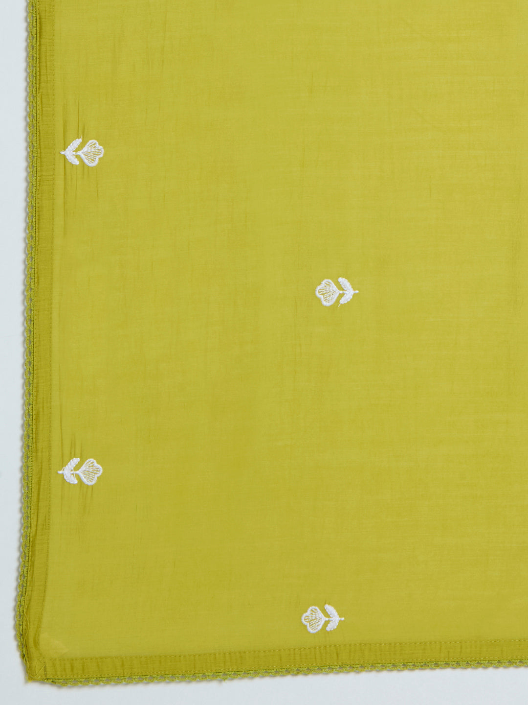 Solid Abstract Floral Embroidered A-Line Kurta with Palazzo & Dupatta - Lime Green