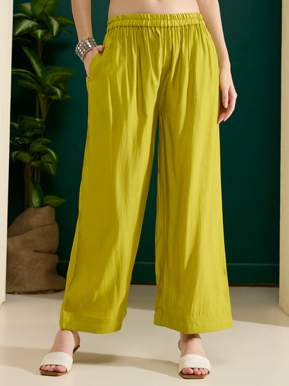 Solid Abstract Floral Embroidered A-Line Kurta with Palazzo & Dupatta - Lime Green
