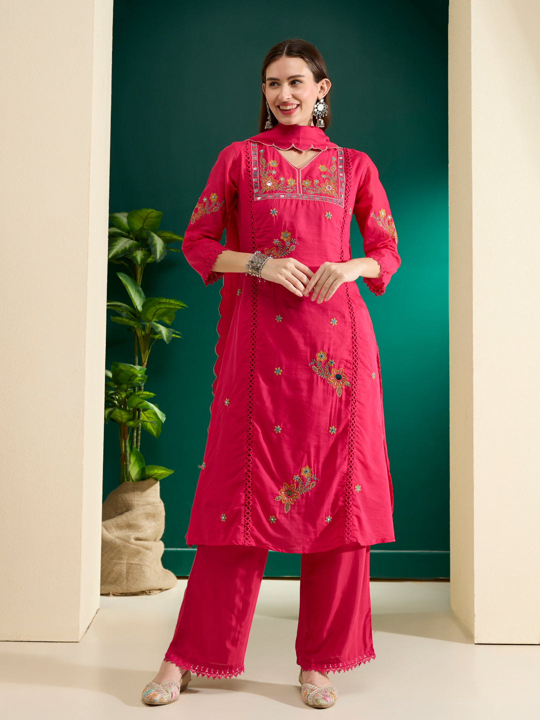 Solid Floral Threadwork Embroidered Straight Kurta with Palazzo & Dupatta - Pink