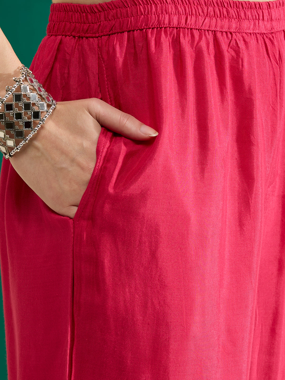 Solid Floral Threadwork Embroidered Straight Kurta with Palazzo & Dupatta - Pink