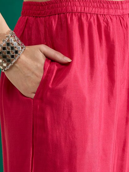 Solid Floral Threadwork Embroidered Straight Kurta with Palazzo & Dupatta - Pink