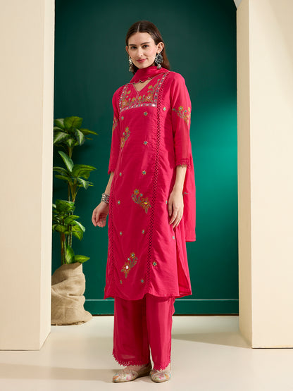 Solid Floral Threadwork Embroidered Straight Kurta with Palazzo & Dupatta - Pink