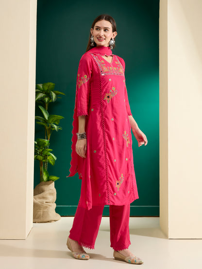 Solid Floral Threadwork Embroidered Straight Kurta with Palazzo & Dupatta - Pink