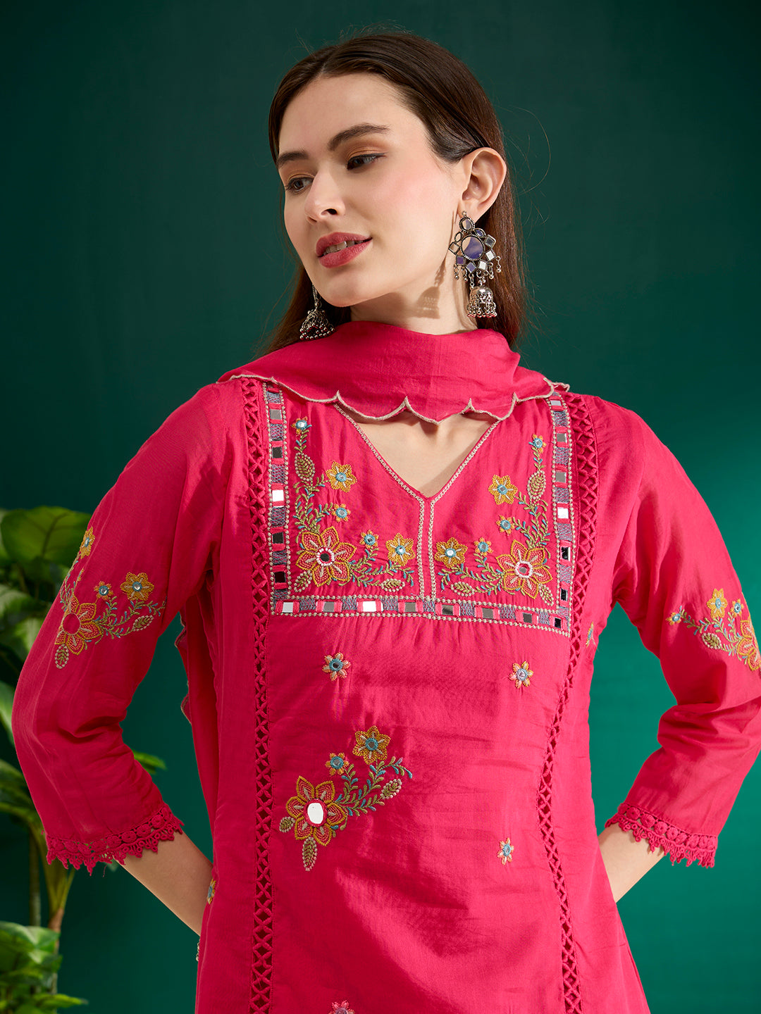 Solid Floral Threadwork Embroidered Straight Kurta with Palazzo & Dupatta - Pink