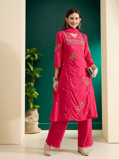 Solid Floral Threadwork Embroidered Straight Kurta with Palazzo & Dupatta - Pink