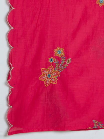 Solid Floral Threadwork Embroidered Straight Kurta with Palazzo & Dupatta - Pink
