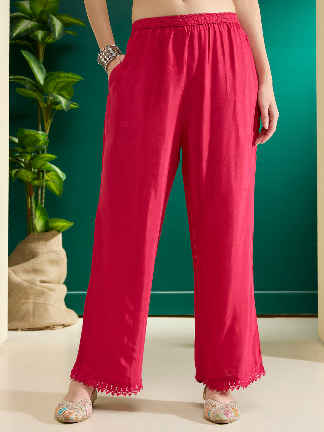 Solid Floral Threadwork Embroidered Straight Kurta with Palazzo & Dupatta - Pink