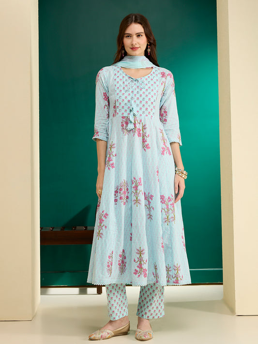 Ethnic Floral Printed Anarkali Flared Kurta with Pant and Dupatta - Blue