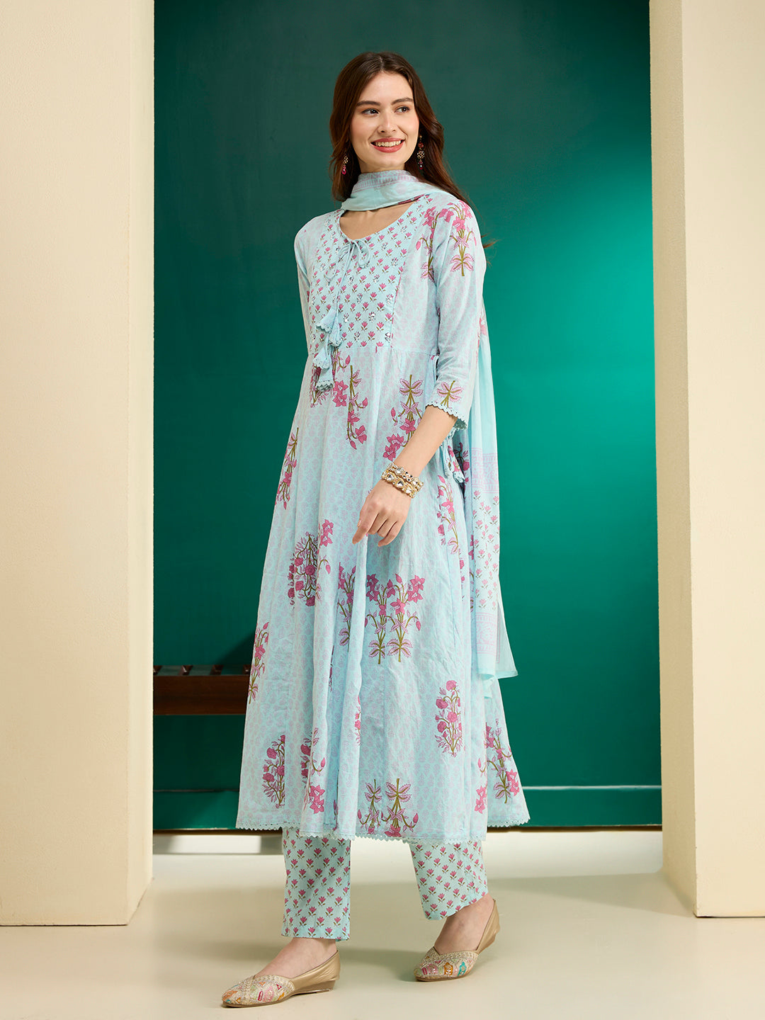 Ethnic Floral Printed Anarkali Flared Kurta with Pant and Dupatta - Blue