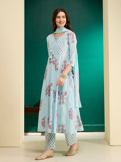 Ethnic Floral Printed Anarkali Flared Kurta with Pant and Dupatta - Blue