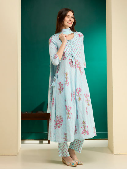 Ethnic Floral Printed Anarkali Flared Kurta with Pant and Dupatta - Blue