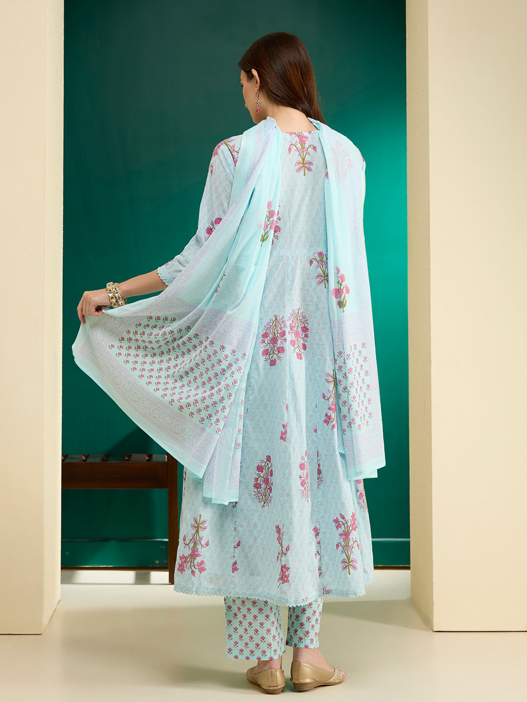 Ethnic Floral Printed Anarkali Flared Kurta with Pant and Dupatta - Blue