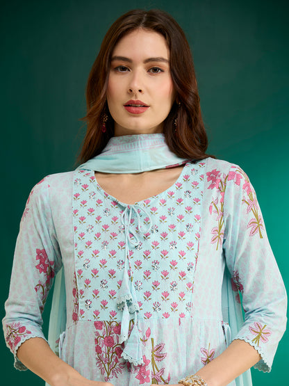 Ethnic Floral Printed Anarkali Flared Kurta with Pant and Dupatta - Blue