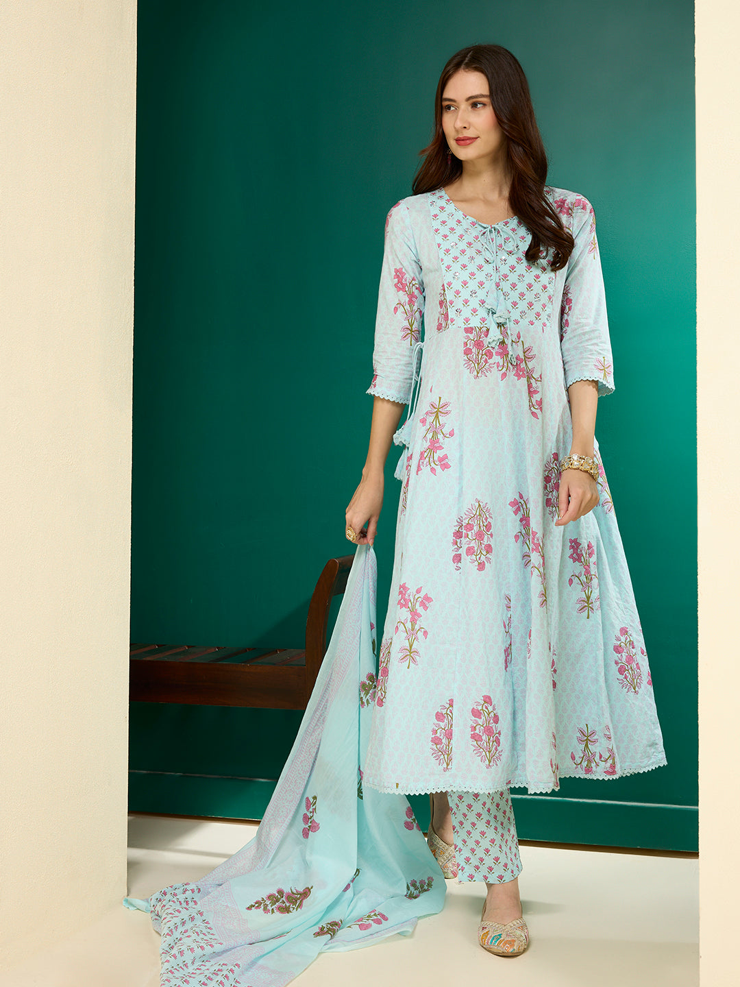 Ethnic Floral Printed Anarkali Flared Kurta with Pant and Dupatta - Blue