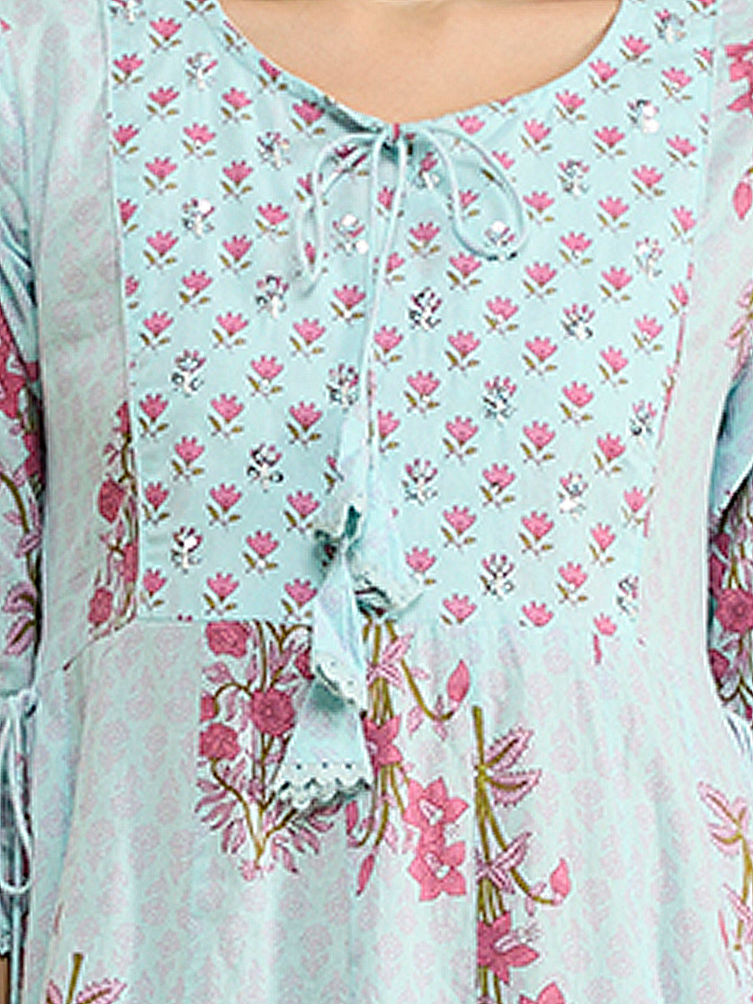 Ethnic Floral Printed Anarkali Flared Kurta with Pant and Dupatta - Blue